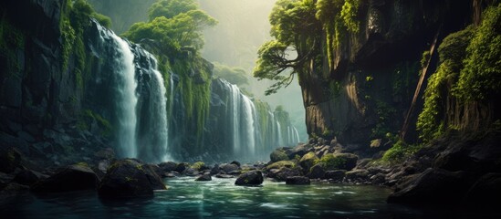 Fototapeta na wymiar Serene Waterfall Cascading Through Lush Green Forest in a Nature Oasis