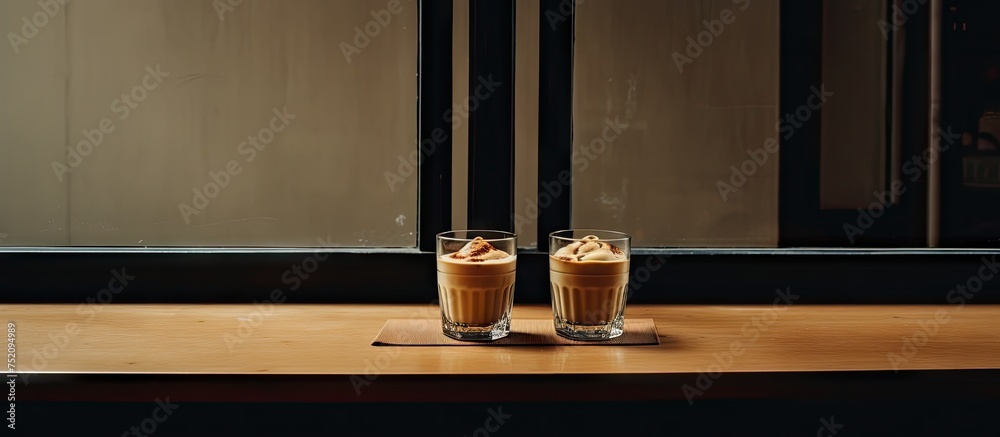 Aufkleber two energizing dalgona coffees arranged on a wooden table for a refreshing break