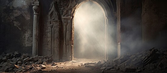 Mystery of an Ancient Doorway: Eerie Abandoned Building Intrigue - obrazy, fototapety, plakaty