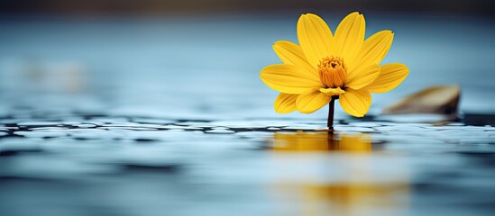 Serenity Reflected: A Vibrant Yellow Flower Drifting in Calm Shallow Waters