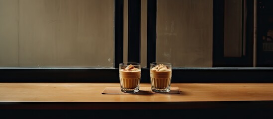Two Energizing Dalgona Coffees Arranged on a Wooden Table for a Refreshing Break