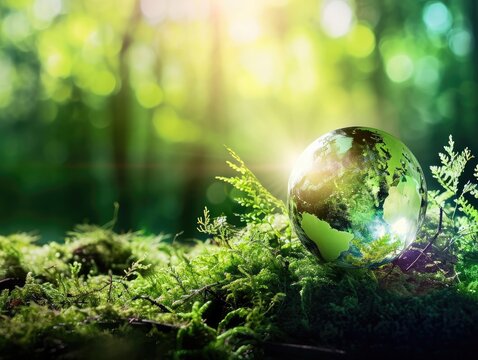 Earth Day image depicting a green globe map surrounded by a verdant with bright sun rays. Caring for Nature, environmental friendliness, preservation of the planet. AI