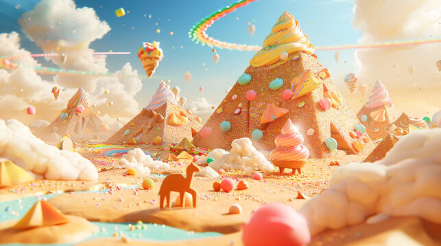 A dreamy 3D cartoon scene with a land of dessert pyramids  an oasis of soda  and camels made of marzipan under a sky with comet trails of sprinkles