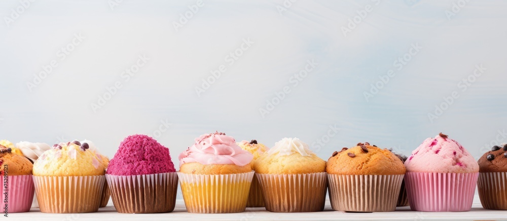 Poster sweet temptation: array of colorful cupcakes with pink and yellow frosting on white table