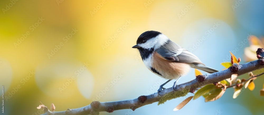 Poster singing chickadee rests serenely on tree branch in lush forest habitat