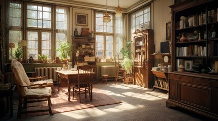 Retro living room design with old television, cabinet and radio along with work area