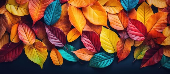 Fototapeta na wymiar Vibrant Fall Foliage: Colorful Autumn Leaves Displayed Against Dramatic Black Background