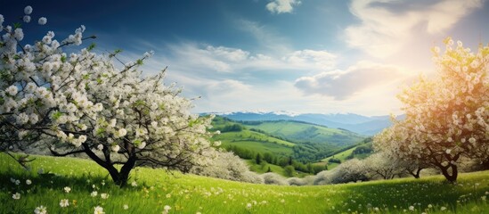 Vibrant Blossoming Apple Orchard Under Spring Sunlight - Serene Floral Landscape - obrazy, fototapety, plakaty