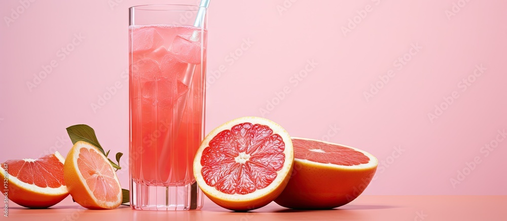 Poster refreshing glass of flavored water with a slice of fresh grapefruit on a wooden table