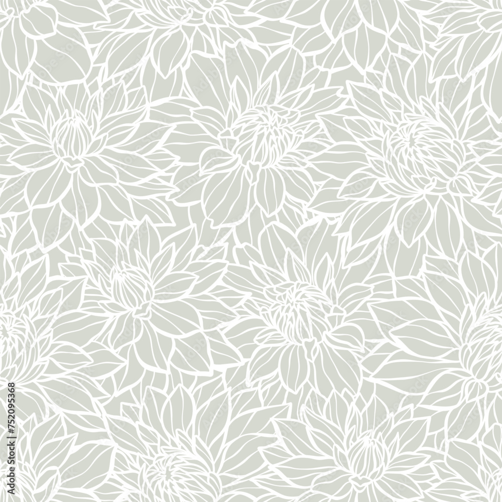 Poster seamless vector pattern with hand drawn dahlia flowers, white print design