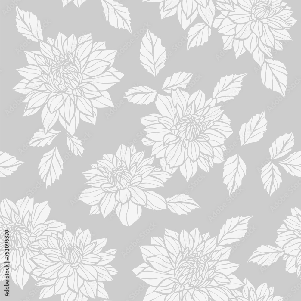 Poster elegant grey floral pattern seamless repeating dahlia print, vector repeat backgorund design