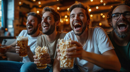 Group of joyful friends laughing and watching game holding beer and popcorn enjoying movie together