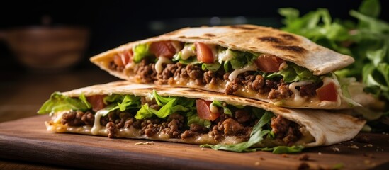 Tasty Homemade Crunch Wrap Taco with Fresh Ingredients on a Wooden Cutting Board - obrazy, fototapety, plakaty