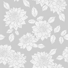 Elegant grey floral pattern seamless repeating dahlia print, vector repeat backgorund design
