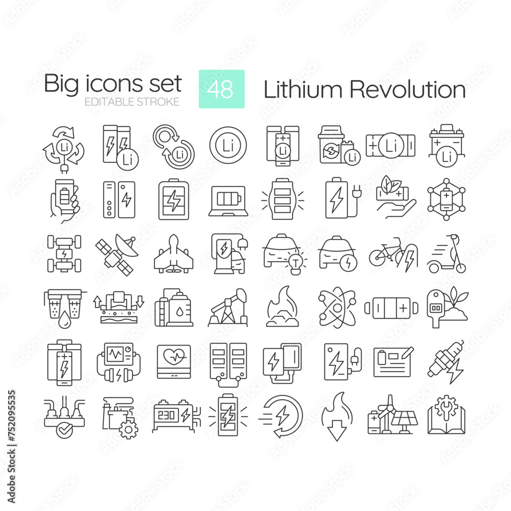 Poster Lithium revolution linear icons set. Advanced battery systems. Aerospace power supply. Energy transition. Customizable thin line symbols. Isolated vector outline illustrations. Editable stroke