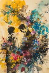 Abstract living painting in blue, gold and black tones with splashes of paint, which depicts the silhouettes of a couple in love on a sunset evening.