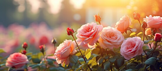 Exquisite Pink Roses Blossoming in the Summer Park, Creating a Stunning Natural Background for Design - obrazy, fototapety, plakaty