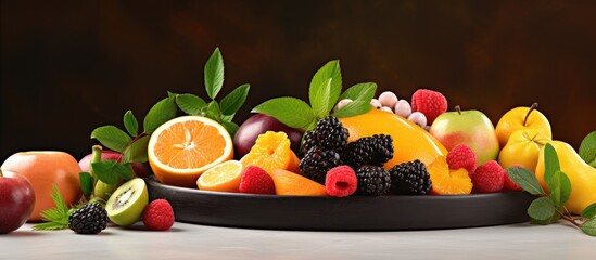 Vibrant Fruit Bowl Displayed on a Wooden Table with Fresh, Healthy Assortment for Nutrition