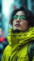 Asian men wear neon yellow sporty jackets in the city