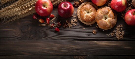 Fototapeta na wymiar Fresh Apples and Homemade Bread Displayed on Rustic Wooden Table