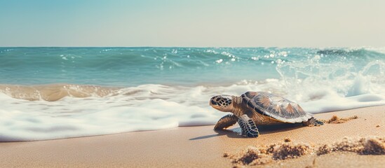 Fototapeta na wymiar Majestic Sea Turtle Relaxing on Sandy Beach under Gentle Waves - Serene Ocean Wildlife Scene