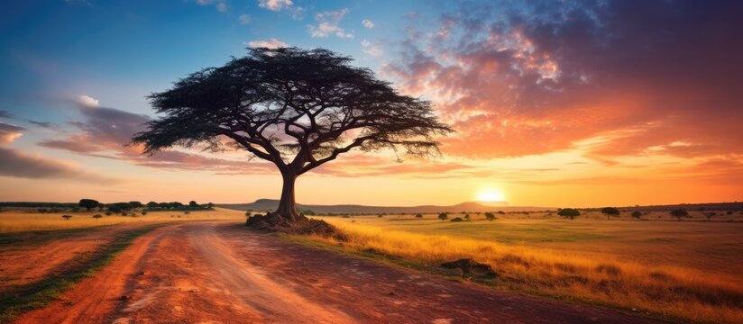 Captivating Sunset Scene: Lone Tree by Empty Dirt Road Leading into Vibrant Savanna Horizon - Powered by Adobe