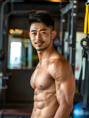 Naklejka premium Japanese Male Personal Trainer Smiling with Gym Background