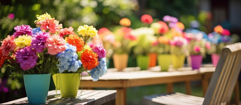 Lively Floral Display Adorns Wooden Table in a Vibrant Garden Setting