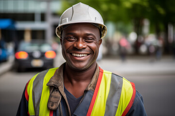 Men public works worker smiling at work. Working man. Public works job offer. Afro american man. Black man. AI.