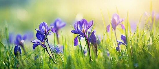 Vibrant Purple Crocus Flowers Bloom Among Lush Green Grass of Spring Meadow