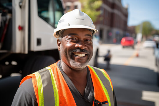 Men public works worker smiling at work. Working man. Public works job offer. Afro american man. Black man. AI.