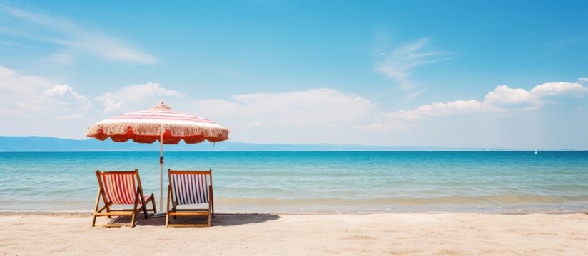 Tranquil Scene of Beach Chair and Umbrella at Lake Balaton with Crystal Clear Water and Blue Sky