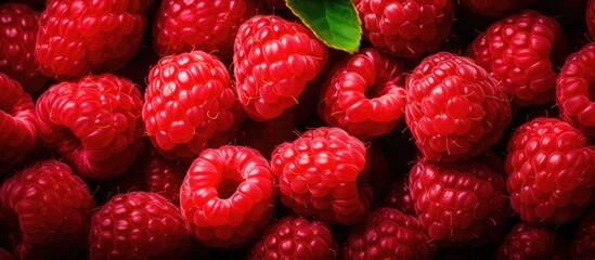 Vibrant Bunch of Fresh Red Raspberries with Lush Green Leaves for a Healthy Diet Concept