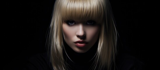 Mesmerizing Portrait of a Woman with Blonde Hair and Blue Eyes on Black Background