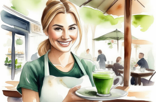 watercolor illustration of smiling Caucasian waitress with cup of Japanese green matcha tea on tray