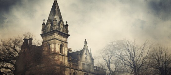 Eerie Gothic Church Tower in Winter Setting with Sinister Grunge Aesthetic