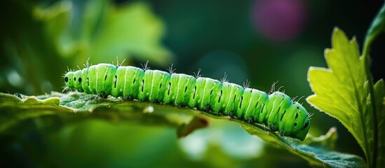 Obraz premium Colorful Caterpillar Crawling Along Green Plant Stem in Vibrant Garden Habitat