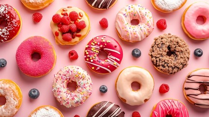 Tasty colorful donuts and sweet cookies blowing in the air on pink background.