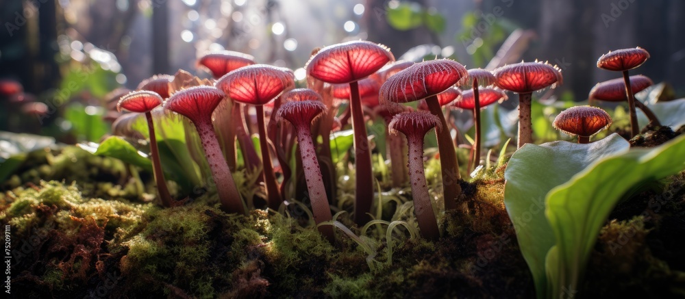 Poster diverse array of wild mushrooms sprouting amongst rich foliage in the enchanted forest