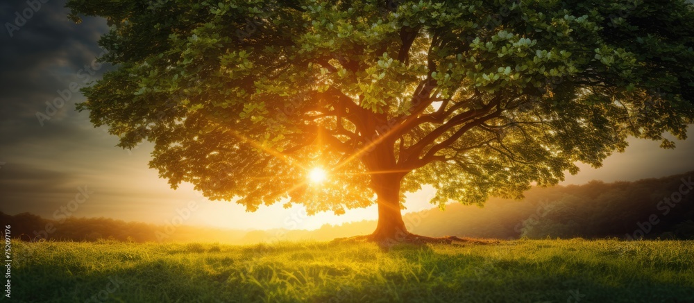 Poster majestic brilliance: sunlight filtering through lush tree in a vibrant field