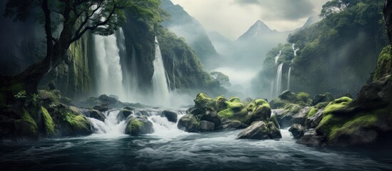Obraz premium Spectacular Waterfall Cascading in the Heart of the River Surrounded by Lush Nature