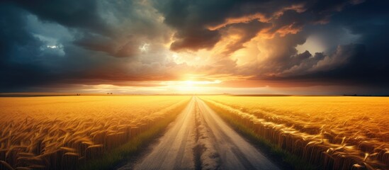 Dramatic Sunset Road Journey: Driving Through a Wheat Field Before a Thunderstorm - obrazy, fototapety, plakaty