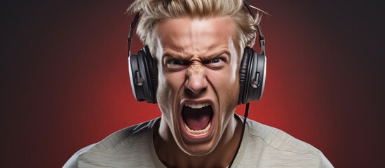 Annoyed Man Grimacing with Tongue Out and Headphones in Expressive Displeasure - obrazy, fototapety, plakaty