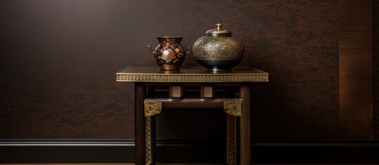Fototapeta na wymiar Elegant Oriental Side Table with Exquisite Vase Arrangement in Antique Setting