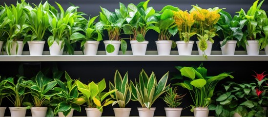 Fototapeta premium Vibrant Shelf Overflowing with Artificial Tropical Plot Plants in a Supermarket Garden Section