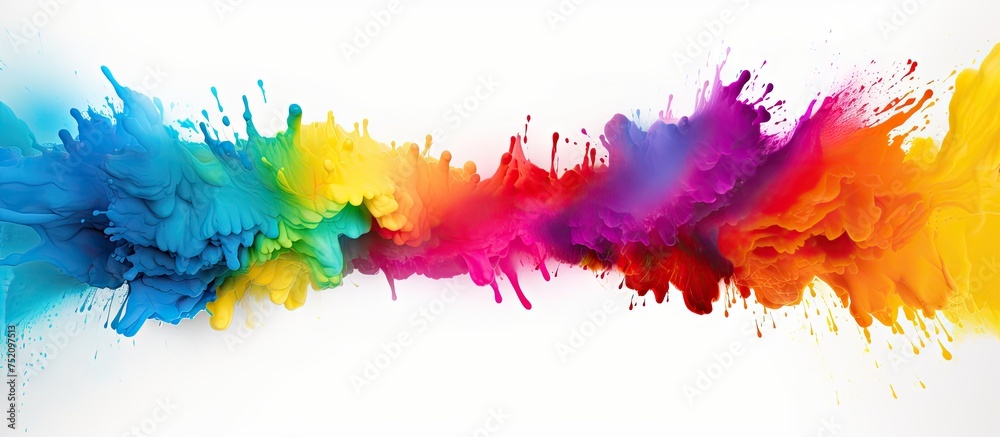 Poster vibrant color explosion: rainbow spectrum of paint splash on clean white surface
