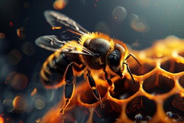 a bee on a honeycomb - obrazy, fototapety, plakaty