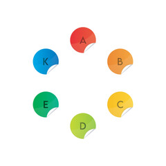 Set of 6 colorful vitamin icons - A, D, E, C, K and group B vitamins - simple icon illustration, graphic element for products, supplements, web design and more.