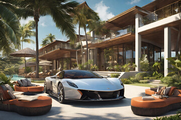 luxury properties such as mansions and beachfront villas, high-end vehicles like sports cars and yachts, exotic vacations to tropical islands and bustling cities - obrazy, fototapety, plakaty