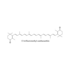 13-trifluoromethyl canthaxanthin skeletal structure diagram.Halogenated Carotenoid compound molecule scientific illustration on white background. - obrazy, fototapety, plakaty